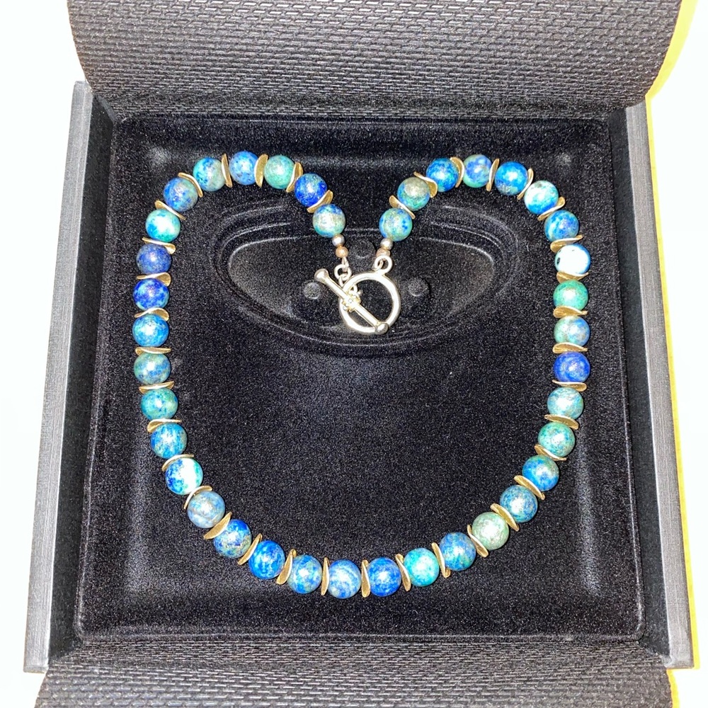 Azurite Beaded Toggle Necklace with gold spacers  - Women Jewelry